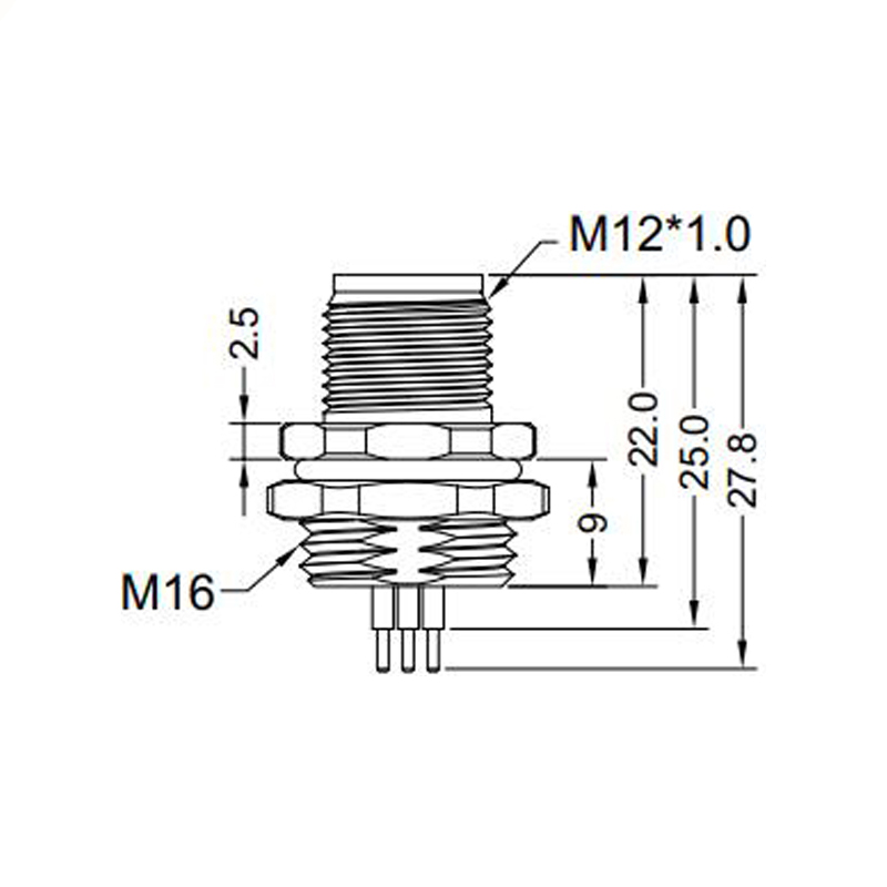 M12 5pins A code male straight rear panel mount connector M16 thread,unshielded,insert,brass with nickel plated shell